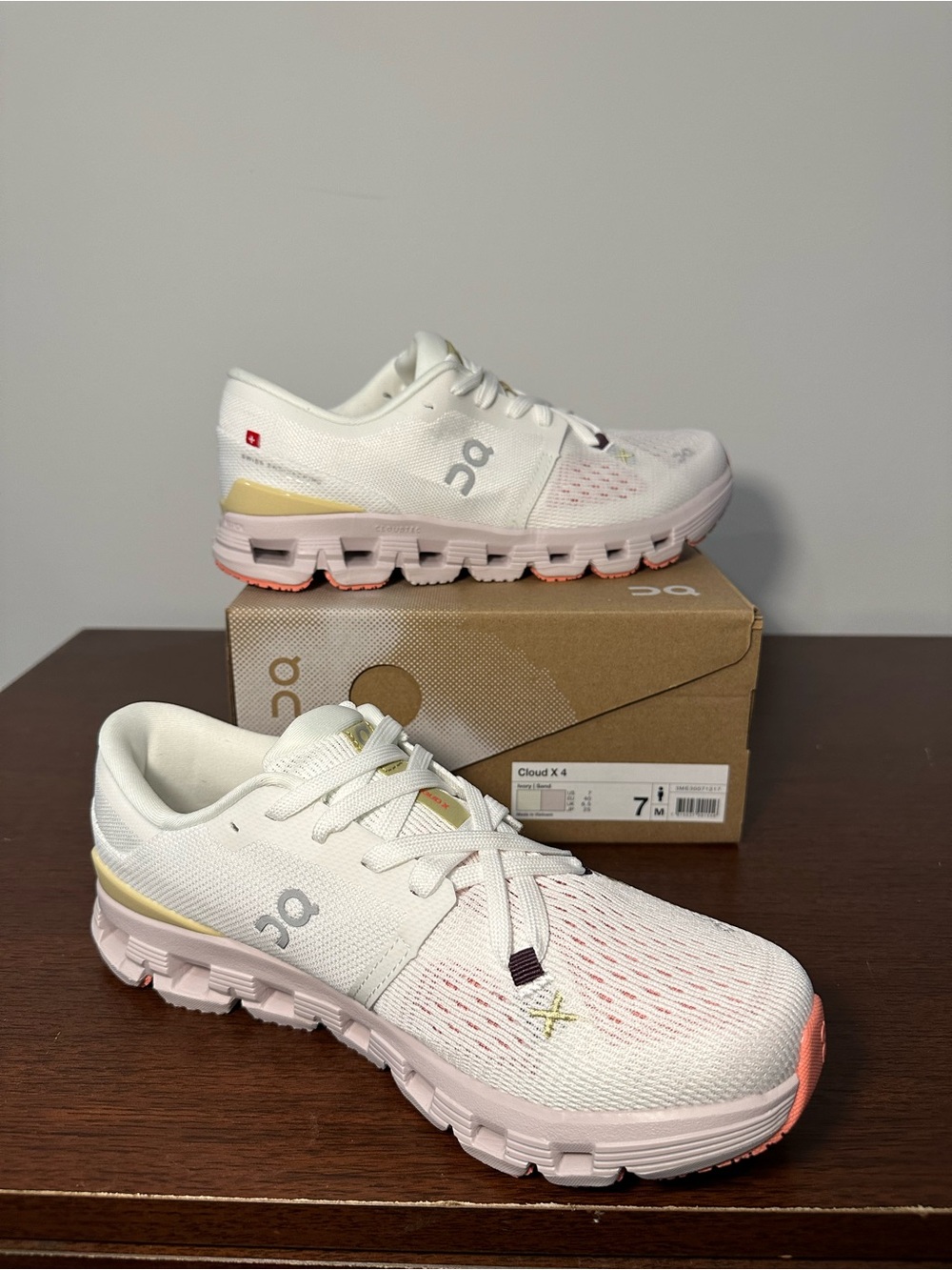 On Running Women's Cloud X 4 Running Shoes — White with Pink and Gold Accents